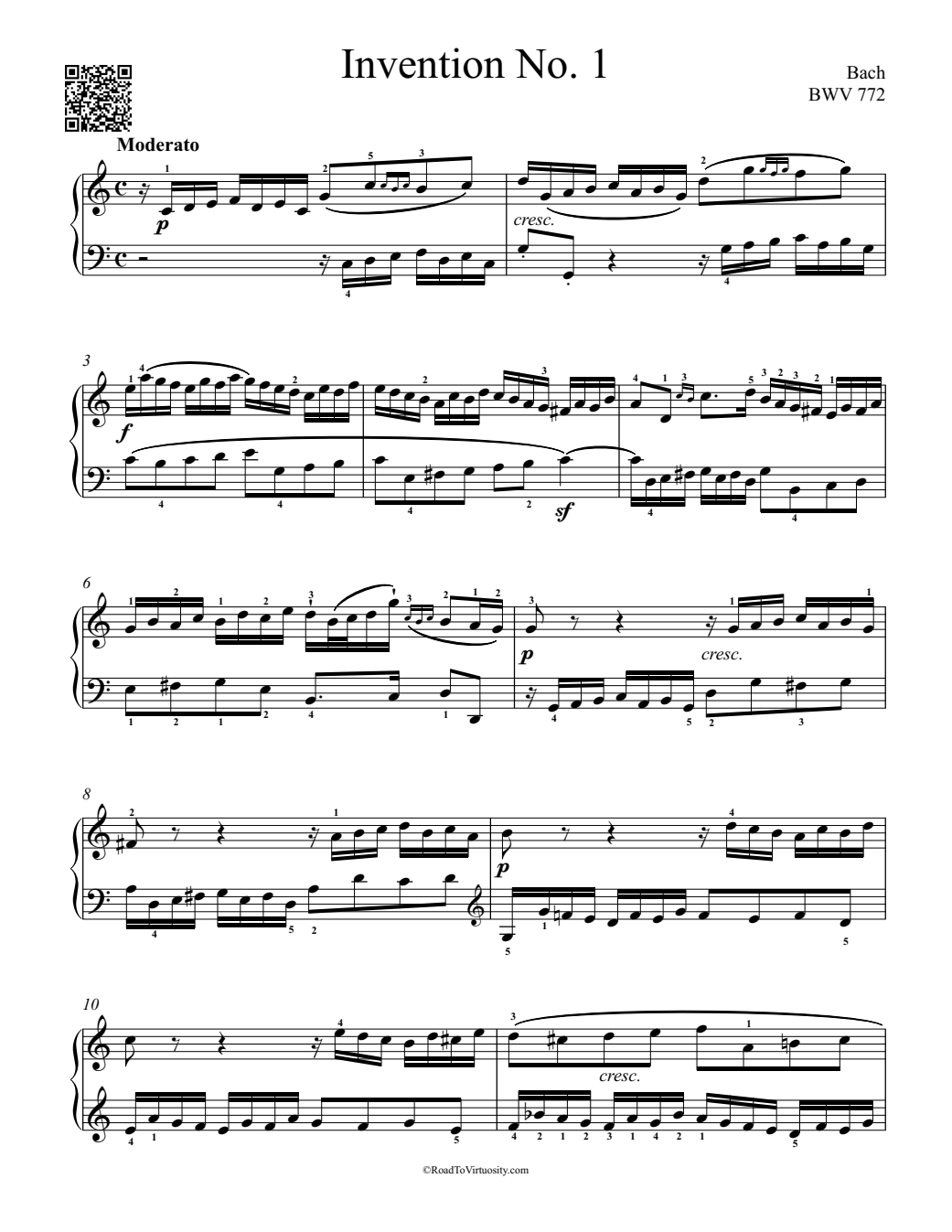 RTV edition of Bach’s Invention No. 1, BWV 772, showing clear engraving and fingering